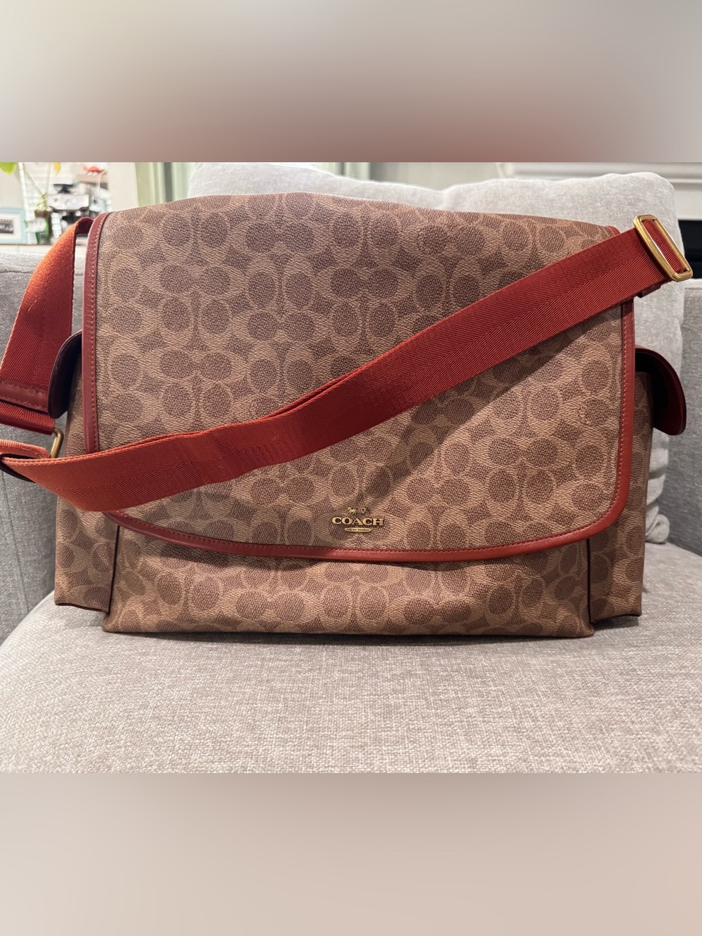 COACH Brown Signature Messenger Bag with Red Strap Diaper Bag